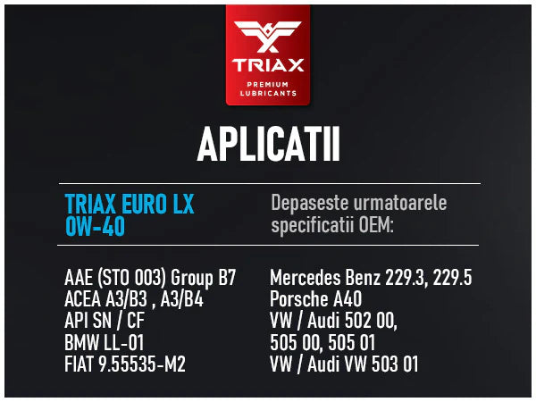 ULEI MOTOR TRIAX Euro LX 0W-40 Full Synthetic/ Benzina | BMW LL-01 | MB 229.5 / 4,73 lt