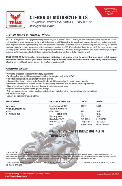 ULEI MOTOR TRIAX XTERRA SYNTHETIC MOTORCYCLE 10W-40 JASO MA-2 JASO MA-2, API SN, V-TWIN