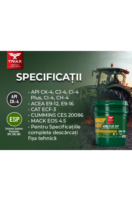 ULEI MOTOR TRIAX AGRA PLUS ESP 15W-40 Semi-Sintetic CK-4 .Pentru John Deere, Deutz, | CASE | Fend | CLAAS | New Holland